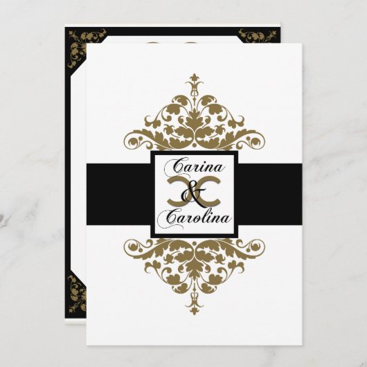 白い黒および金ゴールドのダマスク織の菓子16の招待状 招待状 (正面/裏面)