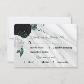 白い黒とティール（緑がかった色）の花の大理石の食事の選択 出欠カード (正面)