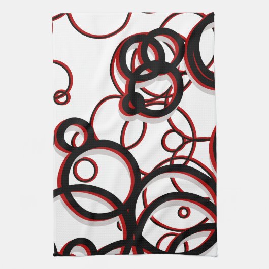 白い黒と赤の幾何学円パターン キッチンタオル (縦)