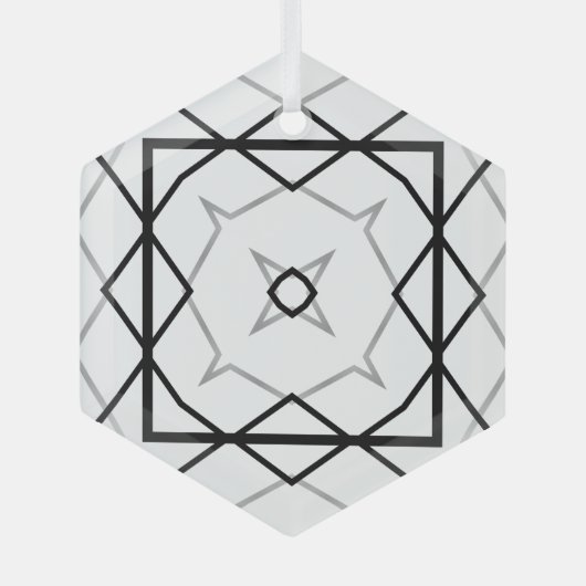 白い黒と銀の幾何学的パターン ガラスオーナメント (正面)