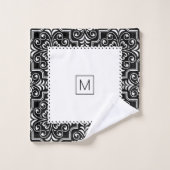 白い黒のダマスクパターン白いホタテ縁どロ バスタオルセット (ウォッシュタオル)