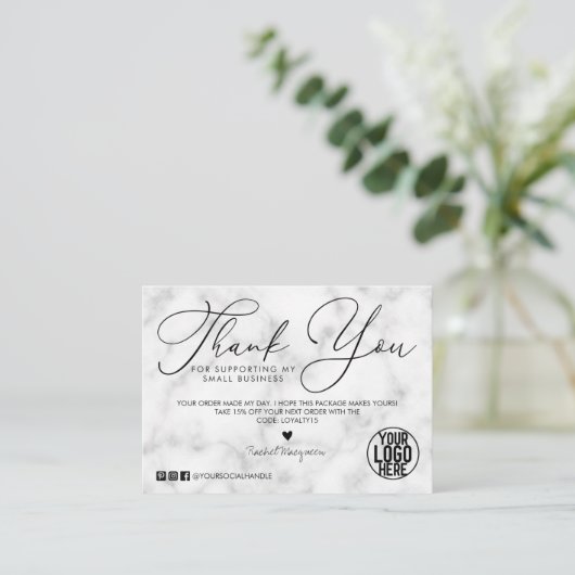 白い黒の大理石スクリプトお客様ありがとう 名刺 (スタンド正面)