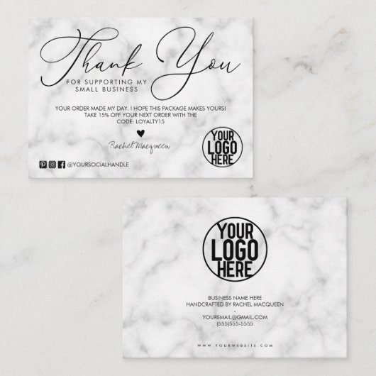 白い黒の大理石スクリプトお客様ありがとう 名刺 (正面/裏面)