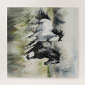 白い黒の野生の馬水色 ジグソーパズル (横)