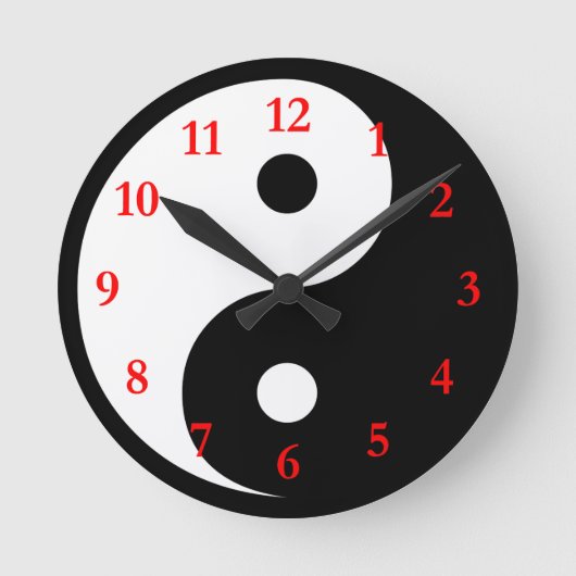 白い黒の陰陽記号（赤） ラウンド壁時計 (正面)