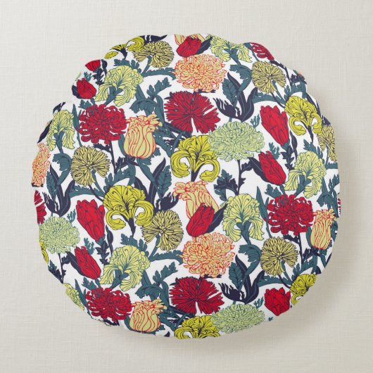 白い黒カラフルに同じ色の花のパターン ラウンドクッション (正面)