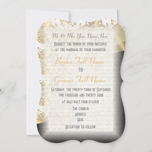 白い黒伝統的と金ゴールドのダマスクの結婚式 招待状 (正面)