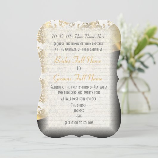 白い黒伝統的と金ゴールドのダマスクの結婚式 招待状 (スタンド正面)