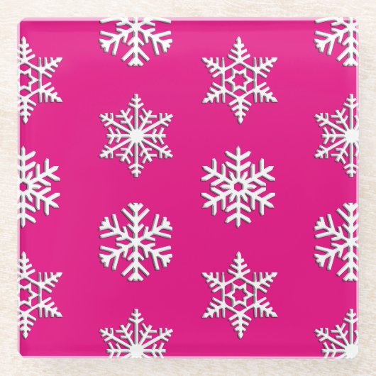 白い3-d雪、カスタマイズ可能な背景 ガラスコースター (正面)