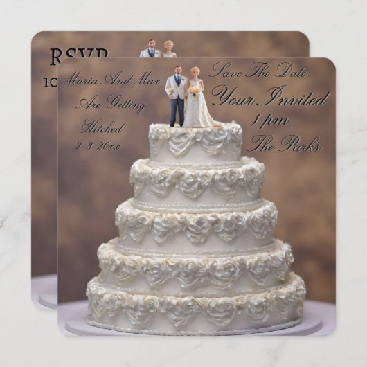 白い5段のウェディングケーキと新婚夫婦のフィギュア付き セーブザデート (正面/裏面)