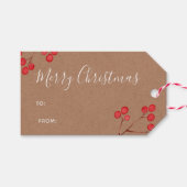 白い「メリークリスマス」クラフト紙とベリー ギフトタグ (正面(横))