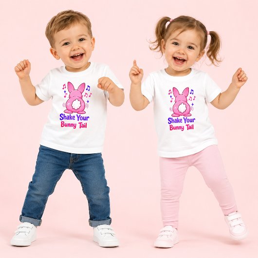 白い「Shake Your Bunny Tail」ピンクのウサギ トドラーTシャツ