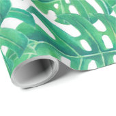 白いbに緑の葉モンテラ熱帯性の模様 ラッピングペーパー (ロールコーナー)