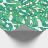 白いbに緑の葉モンテラ熱帯性の模様 ラッピングペーパー (角)