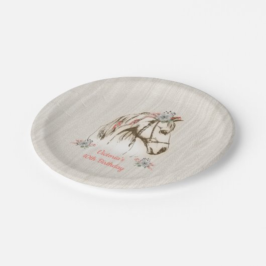 白いbohoの馬の誕生会の紙皿 ペーパープレート (アングル)