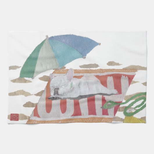 白いFrenchieのフレンチ・ブルドッグ、ポップ・アートのな犬の芸術 キッチンタオル (横)