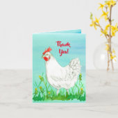 白いLeghornの鶏は感謝していしています カード (黄色い花)