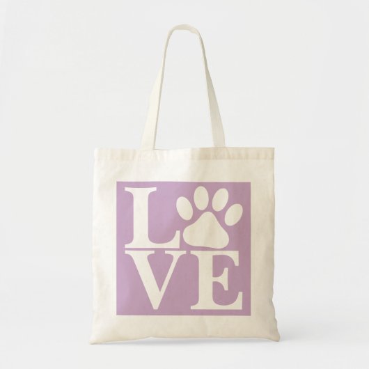白いLOVEワードの犬の足型柄　すみれ色の背景 トートバッグ (正面)