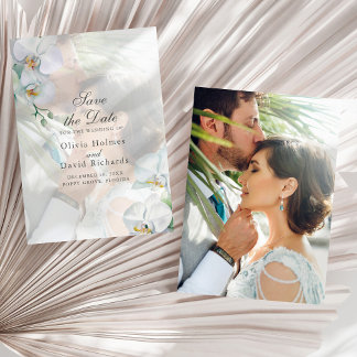 白いOrhidsエレガント写真の結婚式の日付を保存 セーブザデート