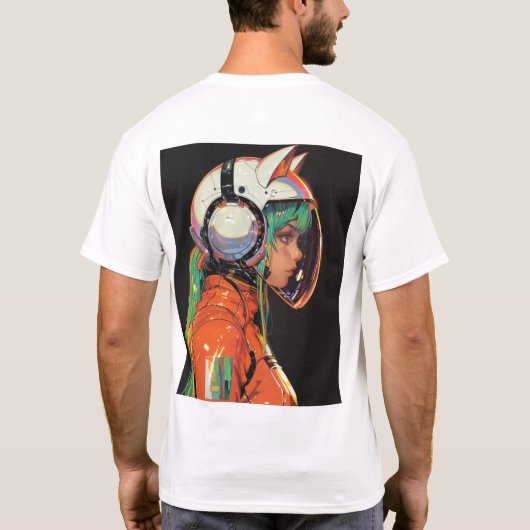白いT子に緑の髪を付けたかわいいロボットの女の子 Tシャツ (裏面)
