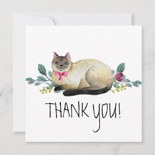 白いThank+Youカードの上の可愛いシャム猫 (正面)