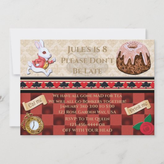 白うさぎのお茶のパーティーが遅れない誕生日 招待状 (正面)