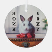 白うさぎオンアンティーク木製トランク ガラスオーナメント (裏面)