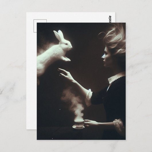 白うさぎファンタジーアート付きシュレアル茶 ポストカード (正面/裏面)