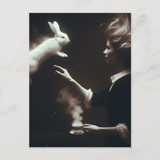 白うさぎファンタジーアート付きシュレアル茶 ポストカード (正面)