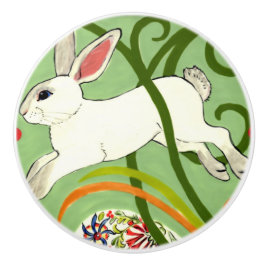 白うさぎ緑のアールデコつる植物ドロワープルノブ セラミックノブ