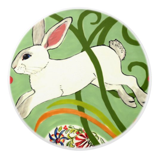 白うさぎ緑のアールデコつる植物ドロワープルノブ セラミックノブ (正面)