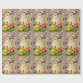 白うさぎ、鶏肉、ピンクの花とイースター卵 ラッピングペーパー (フラット)