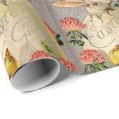 白うさぎ、鶏肉、ピンクの花とイースター卵 ラッピングペーパー (ロールコーナー)