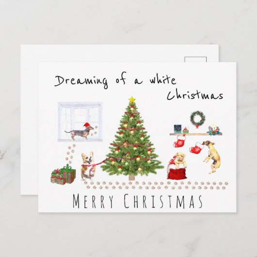 白おもしろいいクリスマスを夢見て家に帰る汚い犬 ポストカード (正面/裏面)