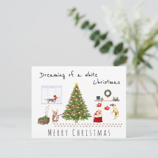 白おもしろいいクリスマスを夢見て家に帰る汚い犬 ポストカード (スタンド正面)