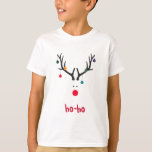 白おもしろいにトナカイ頭 Tシャツ<br><div class="desc">赤いおもしろい鼻のトナモダンナカイの頭の可愛い抽象芸術画像。クリスマスオーナメントでぶら下がったは、〔雄ジカの〕枝角から。白い背景、色：白、赤、グレー、青、緑。赤い文字と文字：ホホ(別のもし文字が必要な場合)</div>