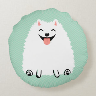 白おもしろいポメラニア犬かわいい笑顔のPOM ラウンドクッション