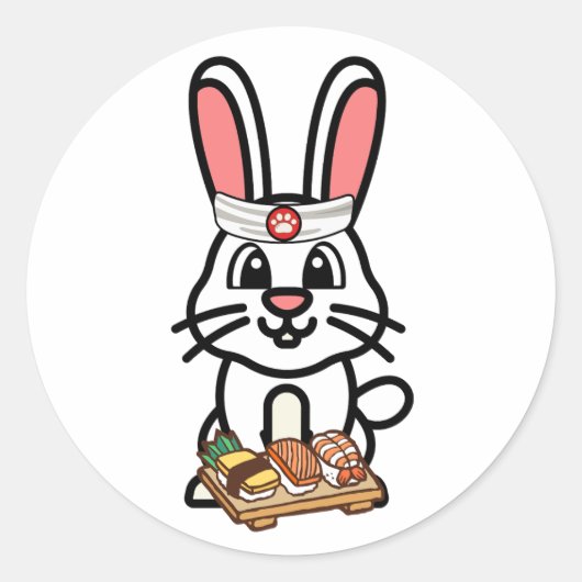 白おもしろい兎は寿司職人 ラウンドシール (正面)