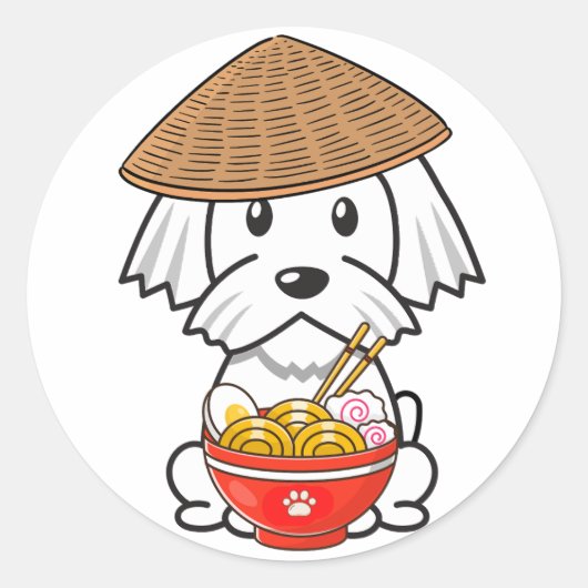 白おもしろい犬は食べ麺 ラウンドシール (正面)