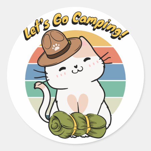 白おもしろい猫がキャンプに行きたい ラウンドシール (正面)