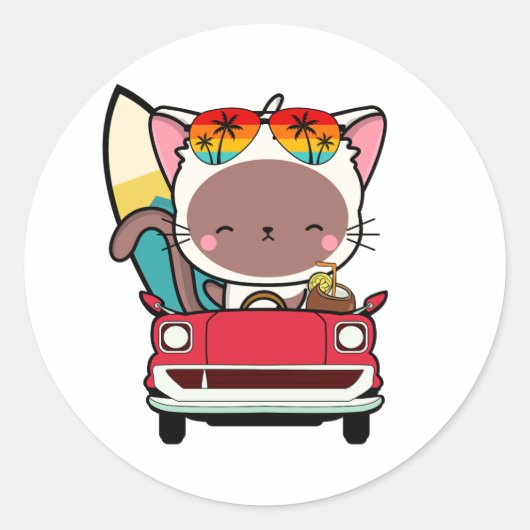 白おもしろい猫がビーチに向かう ラウンドシール (正面)