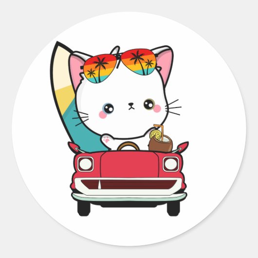 白おもしろい猫がビーチに向かう ラウンドシール (正面)