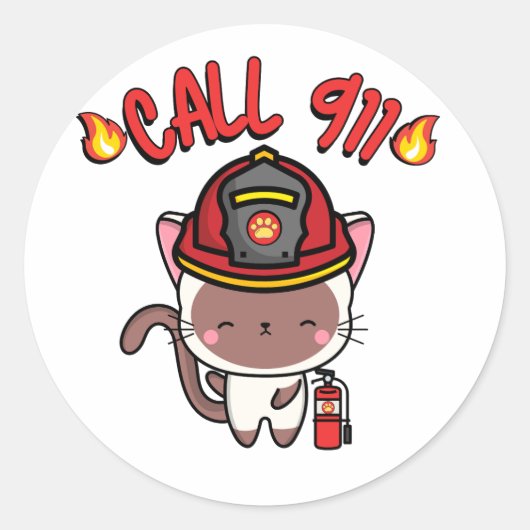 白おもしろい猫は消防士だ ラウンドシール (正面)