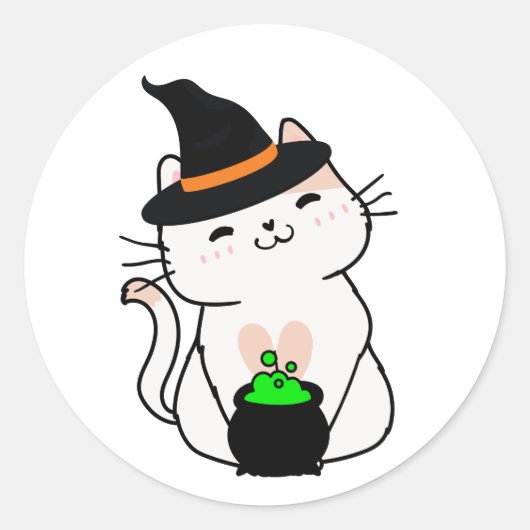 白おもしろい猫は魔女だ ラウンドシール (正面)