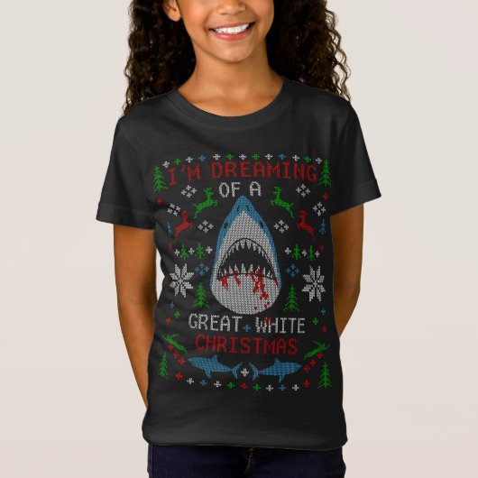 白おもしろい素晴らしサメの醜いクリスマスのセーター Tシャツ (正面)