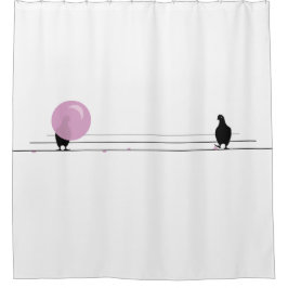 白おもしろい線の上にかわいいピンクのバブルガムの鳥 シャワーカーテン