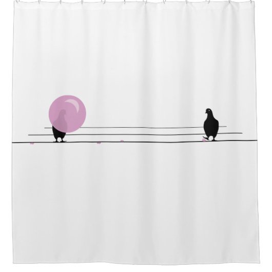 白おもしろい線の上にかわいいピンクのバブルガムの鳥 シャワーカーテン (正面)