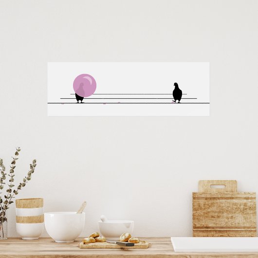 白おもしろい線の上にかわいいピンクのバブルガムの鳥 ポスター (キッチン)