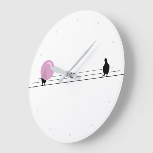 白おもしろい線の上にかわいいピンクのバブルガムの鳥 ラージ壁時計 (傾斜)