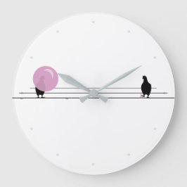 白おもしろい線の上にかわいいピンクのバブルガムの鳥 ラージ壁時計